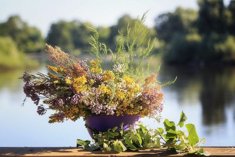 Букет полевых цветов на фоне утренней реки