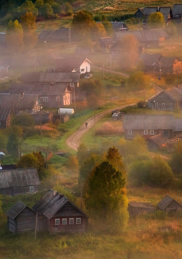 Рассветный туман. Улица в вепсской деревне Макарьевская.