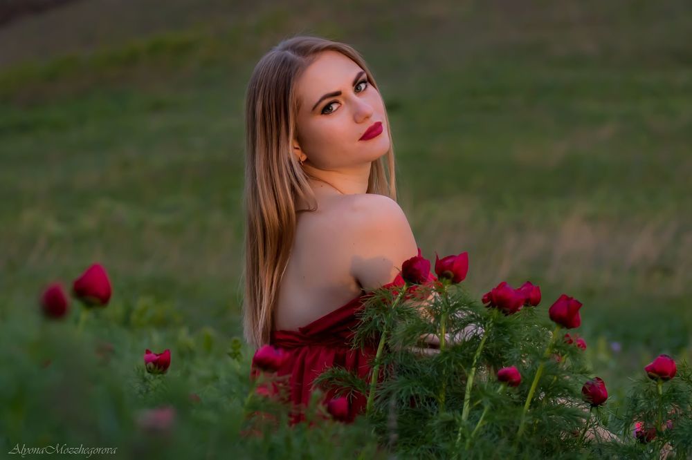 Закат... Пионы... Девушка...