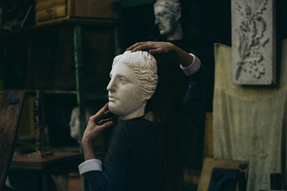 In the studio sculpting