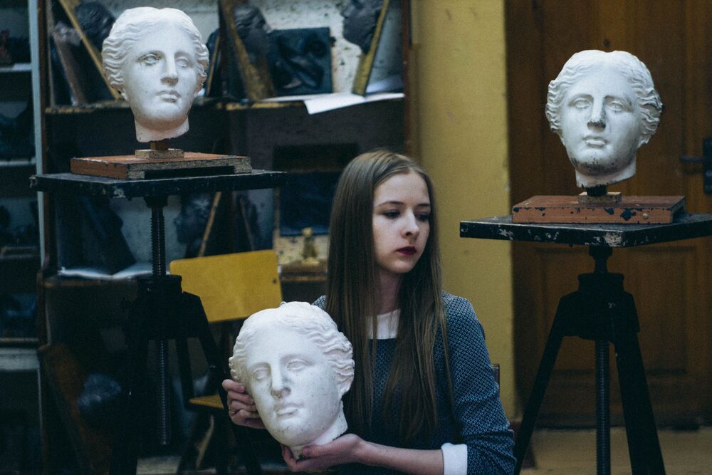 In the studio sculpting