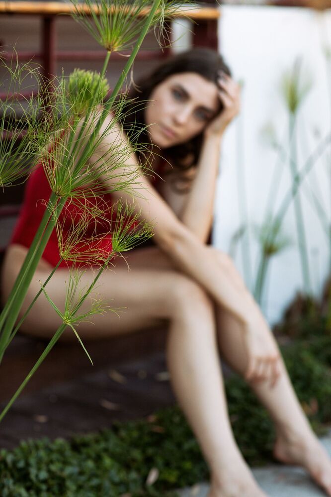 Red swimsuit.