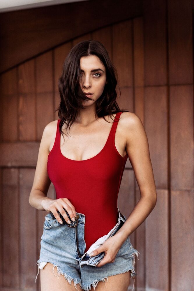 Red swimsuit.