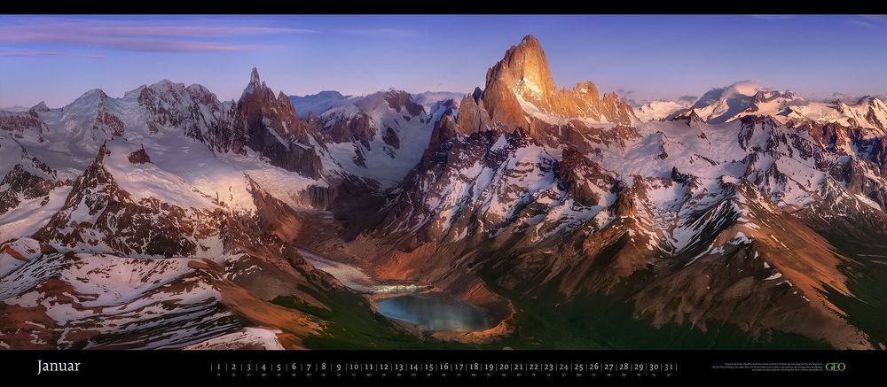 Lago Torre, Cerro Torre and Mount Fitzroy massifs. Parque Nacional los Glaciares, Patagonia, Argentina. November 2013. Panoramic, aerial.