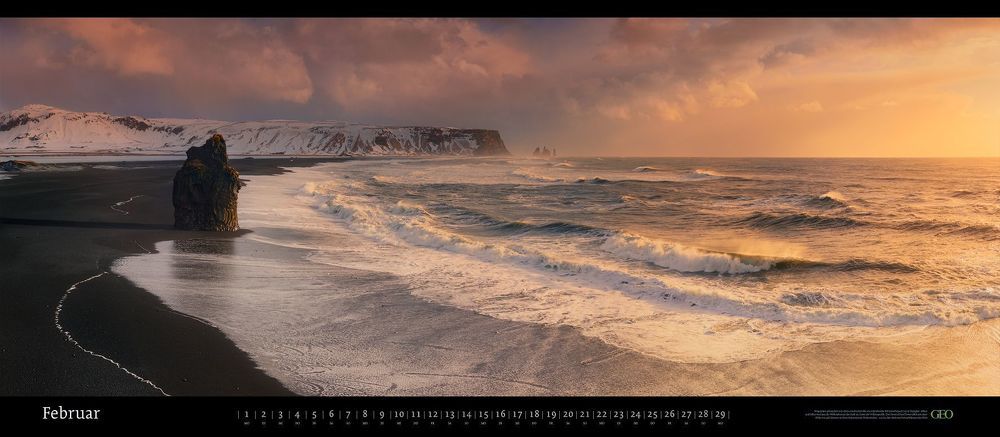 Reynisfjara Seashore, Iceland. February 2016. Panoramic.