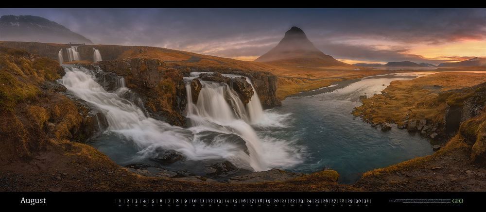 Kirkjufell mountain and falls. Sn&aelig;fellsnes Peninsula, Iceland. February 2017. Panoramic