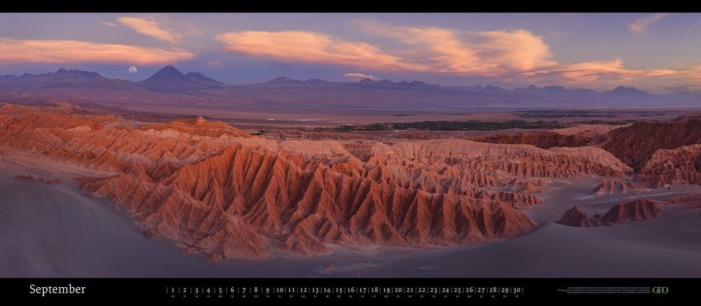 Valle de la Muerte and Licancabur Volcano, Atacama desert, Chile. November 2015. Panoramic