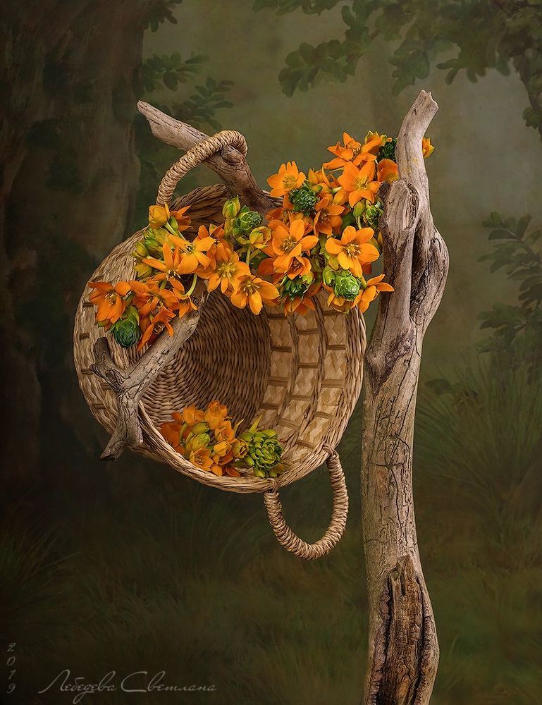 С цветами и корзинкой