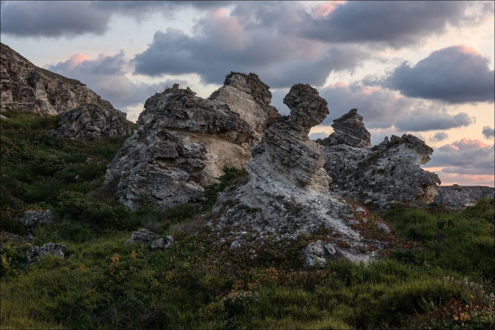 Кампашка каменных чудиков в сумерках