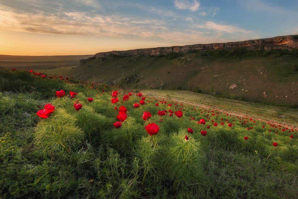 Красивый закат в Красной балке у подножия Белой скалы (Ак-Кая).