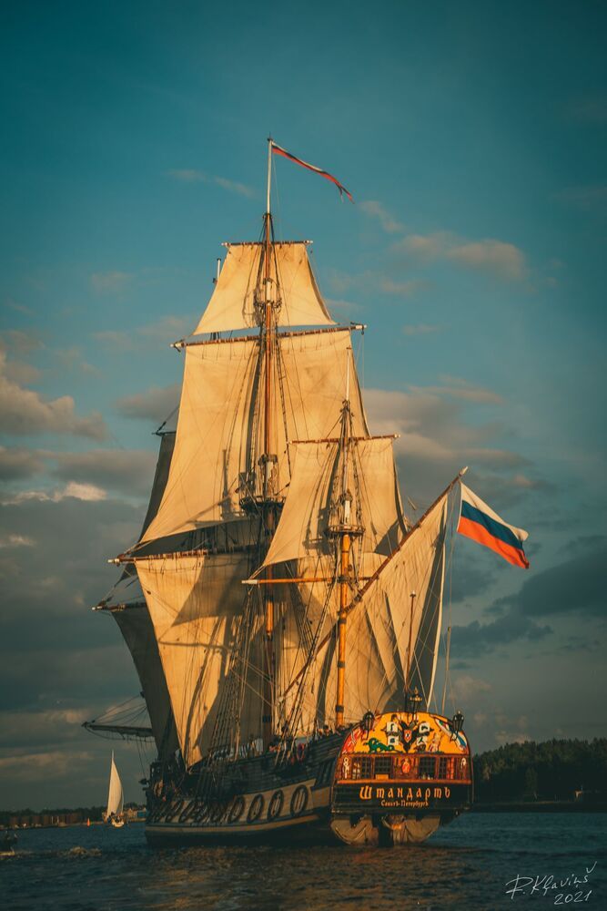 The Frigate Shtandar in calm weather sailing sunset time Riga Latvia