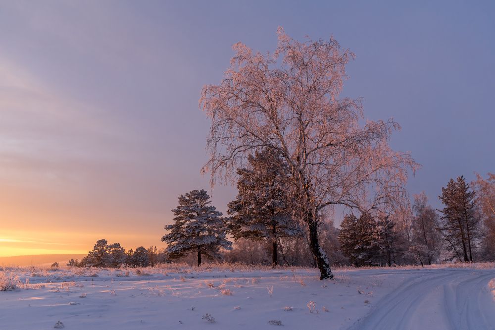 Зимний закат на реке Белая