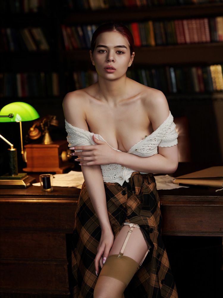 Plaid skirt and green lamp
