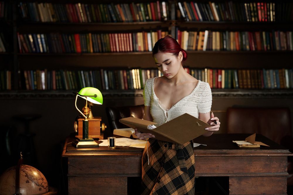 Plaid skirt and green lamp