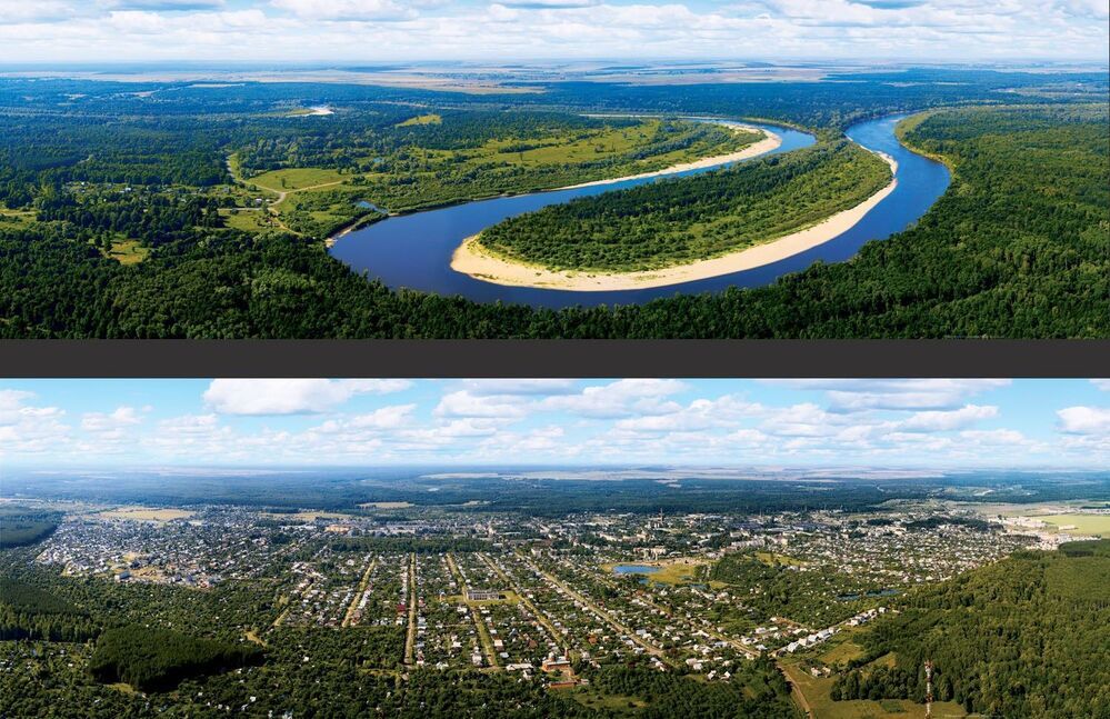 верхн: "река Сура" (изгиб русла в районе города Шумерля).
нижн: "Лесной городок" (г. Шумерля, населенный более 38000 человек, основное производство -спецавтомобили и мебель)