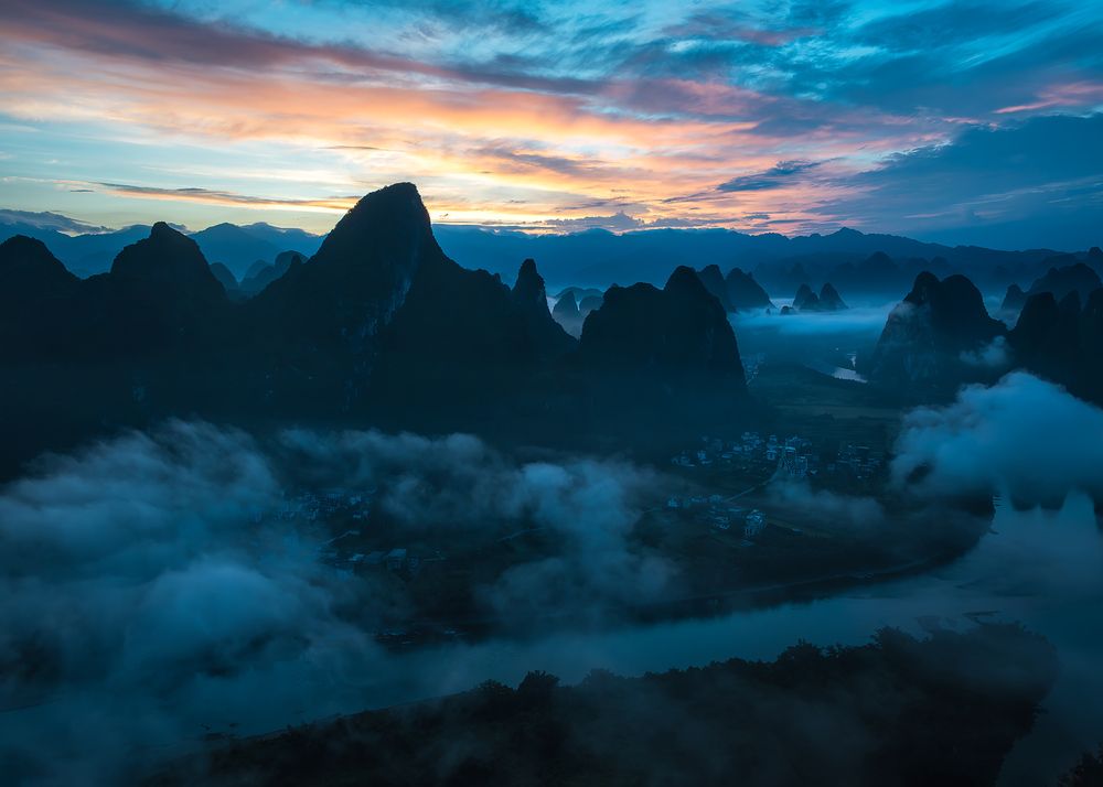Dawn on Li River. Guilin. China