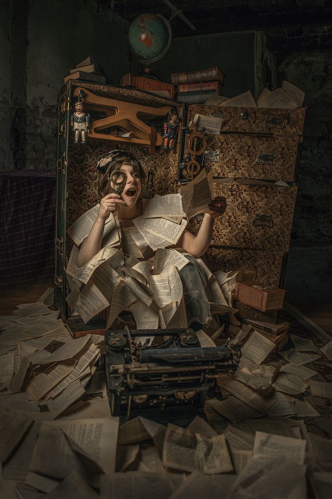 A writer types intensely while pages fly around them, capturing the chaos and energy of the creative process.