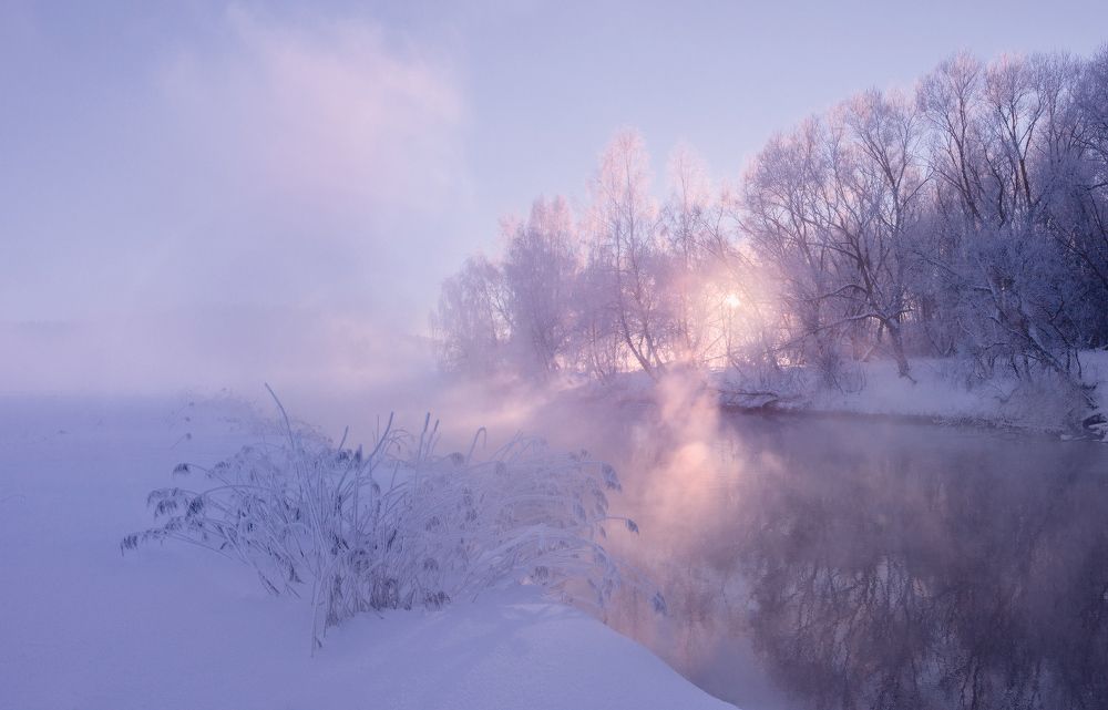 Фото в тумане с лучами и солнцем