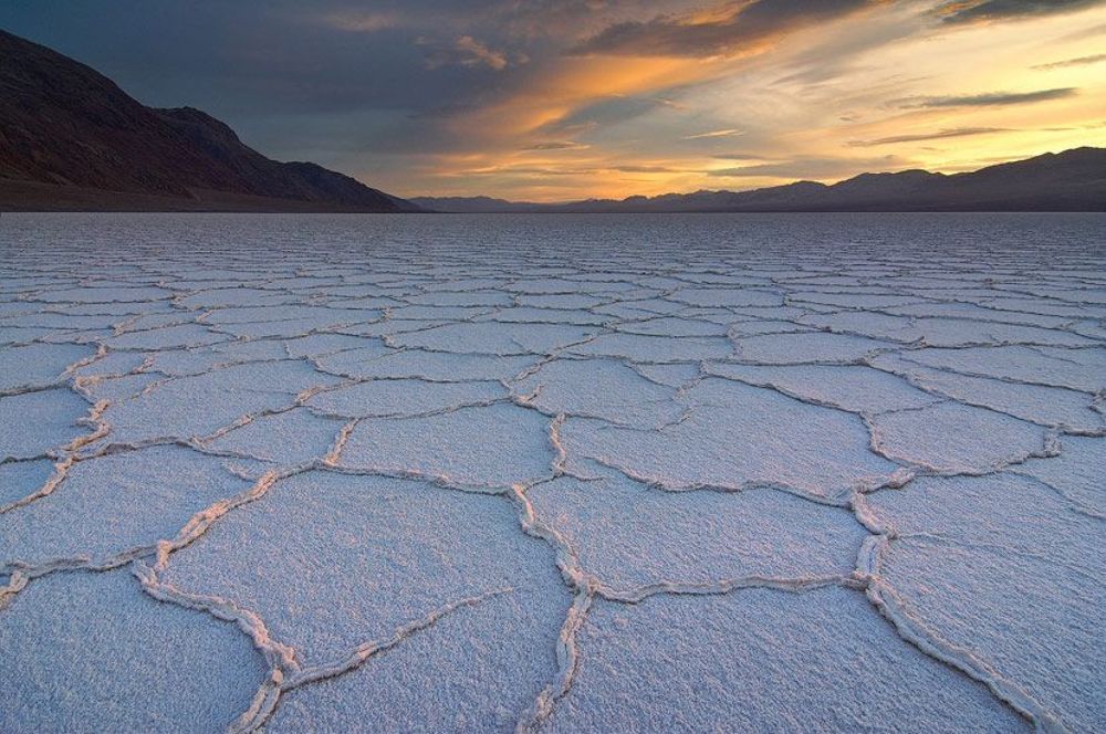Hexagonal salt patterns at sunrise. Badwater, Death Valley National Park, California, USA.