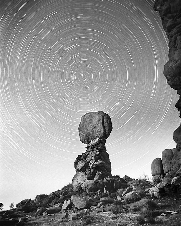 Balanced Rock and North Stars, from the Ethereal Days collection.
Single 35mm film exposure. 1/4 moon for ambient light.