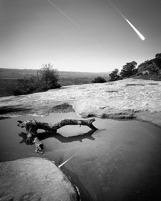 Lunar Eclipse, Moontracks.
Single 4x5 exposure for many hours. Exposure was stopped in very early morning after Moon emerged from Total Eclipse. 8 hour exposure.