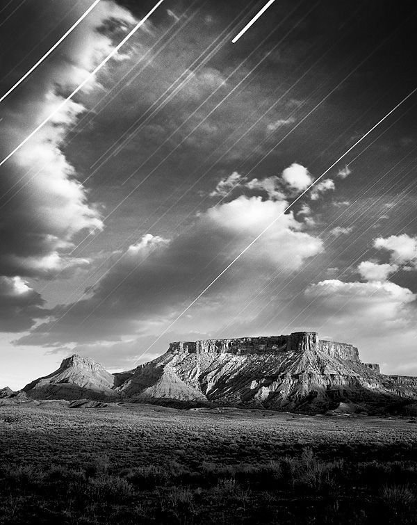 Night and Day, Ethereal Days.
Pre-exposed 4x5 film for sunset on landscape; re-exposed same film for star trails. 8 hour exposure overall.