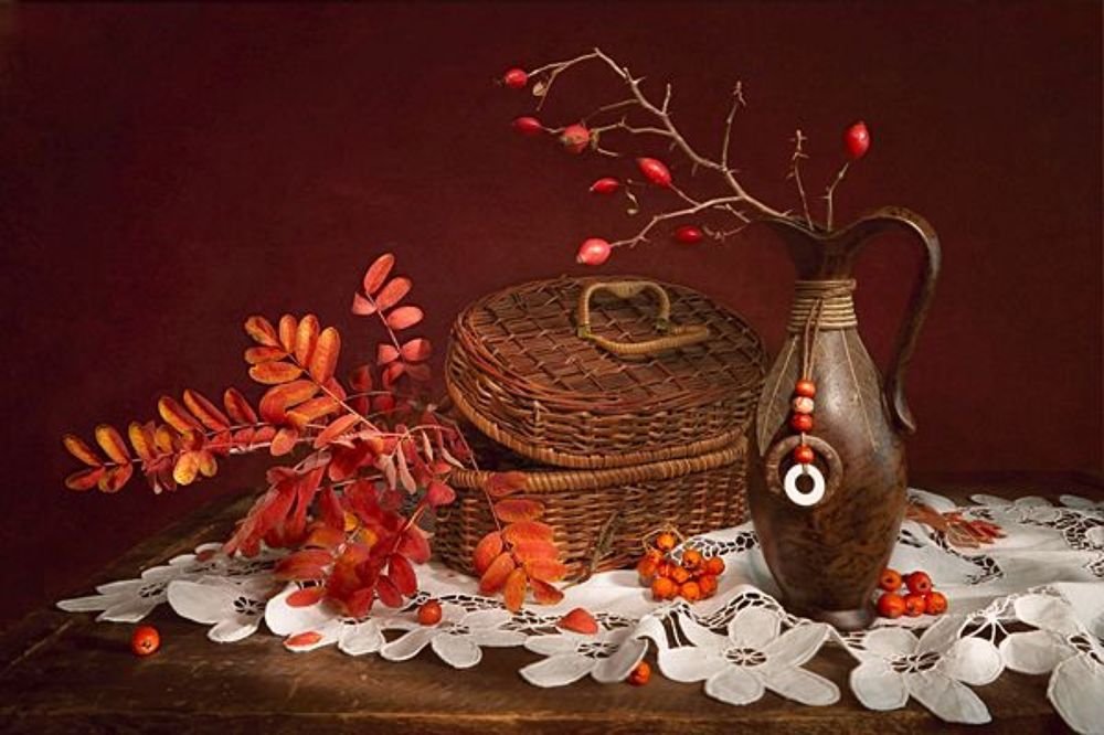 Рябина,шиповник,салфетка,корзина,кувшин