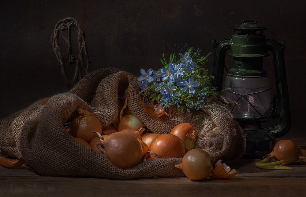 С луком и голубыми цветами