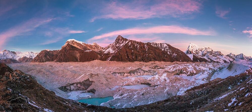The longest glacier in the Himalaya range - Ngozumpa Glacier is 32km. long. Heaven and hell in one place