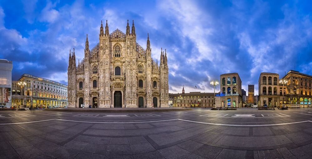 Panorama of Duomo di Milano (Milan Cathedral) and Piazza del Duomo in the Morning, Milan, Italy