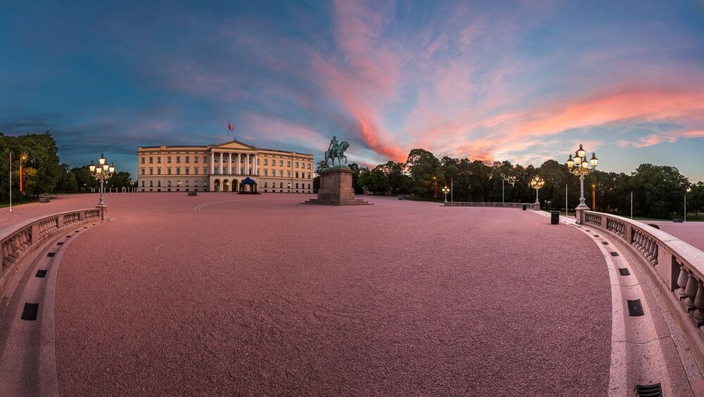 The Royal Palace and Statue of King Karl Johan at Sunrise, Oslo, Norway