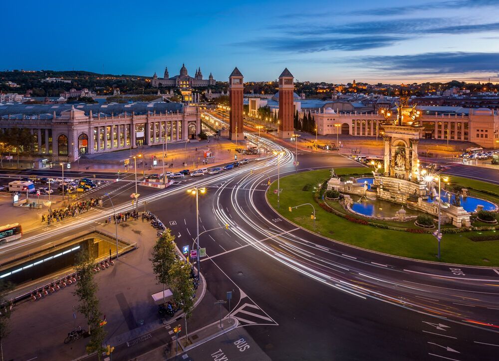 Aerial View on Placa Espanya and Montjuic Hill with National Art Museum of Catalonia, Barcelona, Spain