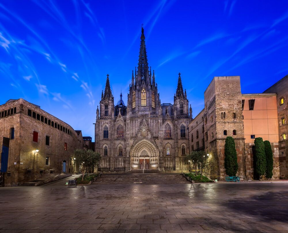Angels Flying in front of the Cathedral of the Holy Cross and Saint Eulalia, Barcelona, Catalonia, Spain