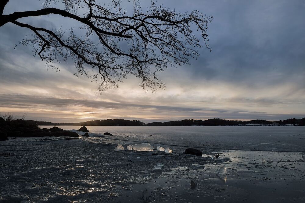 Over frozen lake