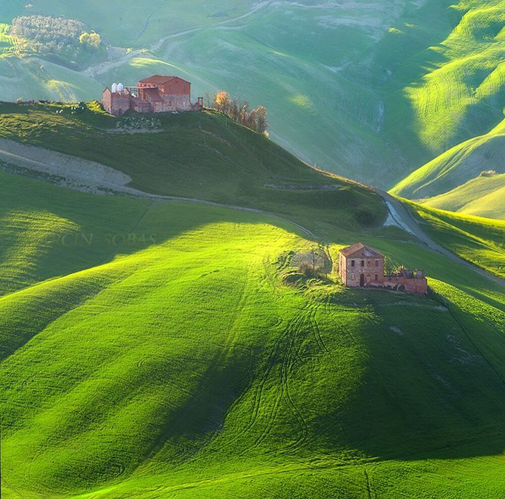 Farms in the setting light