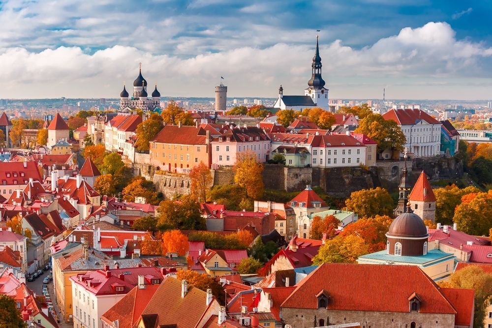 Toompea hill with tower Pikk Hermann, Cathedral Church of Saint Mary Toomkirik and Russian Orthodox Alexander Nevsky Cathedral, view from the tower of St. Olaf church, Tallinn, Estonia
