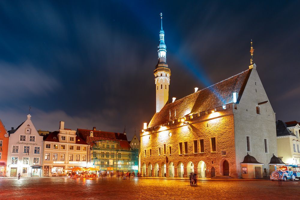 City Hall illuminated in Old Town at night, Tallinn, Estonia