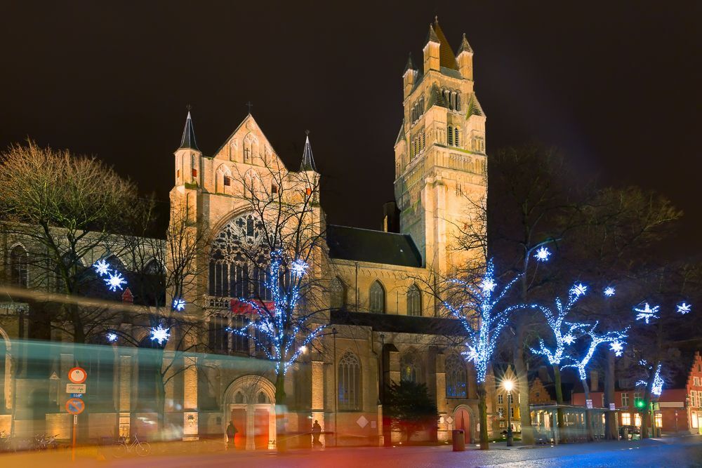 Decorated and illuminated Christmas street near Sint-Salvator Cathedral in Bruges, Flanders, Belgium