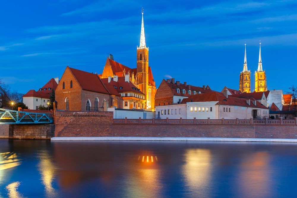 Ostrow Tumski at night in Wroclaw, Poland