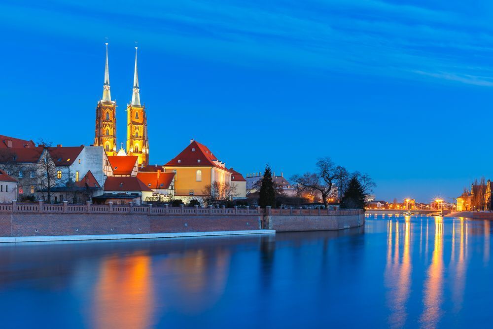 Ostrow Tumski at night in Wroclaw, Poland