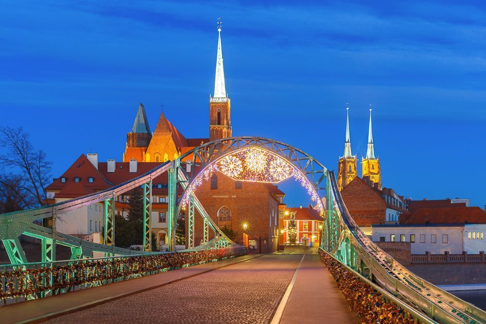 Ostrow Tumski at night in Wroclaw, Poland
