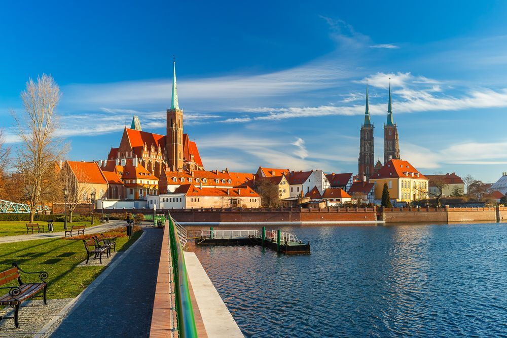 Ostrow Tumski at night in Wroclaw, Poland
