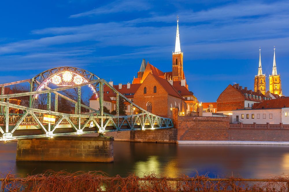 Ostrow Tumski at night in Wroclaw, Poland