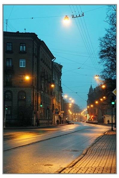 город, утро, улица, огни, Вячеслав Архипов