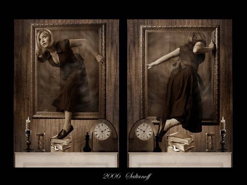 Алиса в Зазеркалье, Алиса, зеркало, сказка, Л.Кэррол, камин, песочные часы, книги, подсвечник, свеча, Черная королева, Зазеркалье, Антон Салтанов