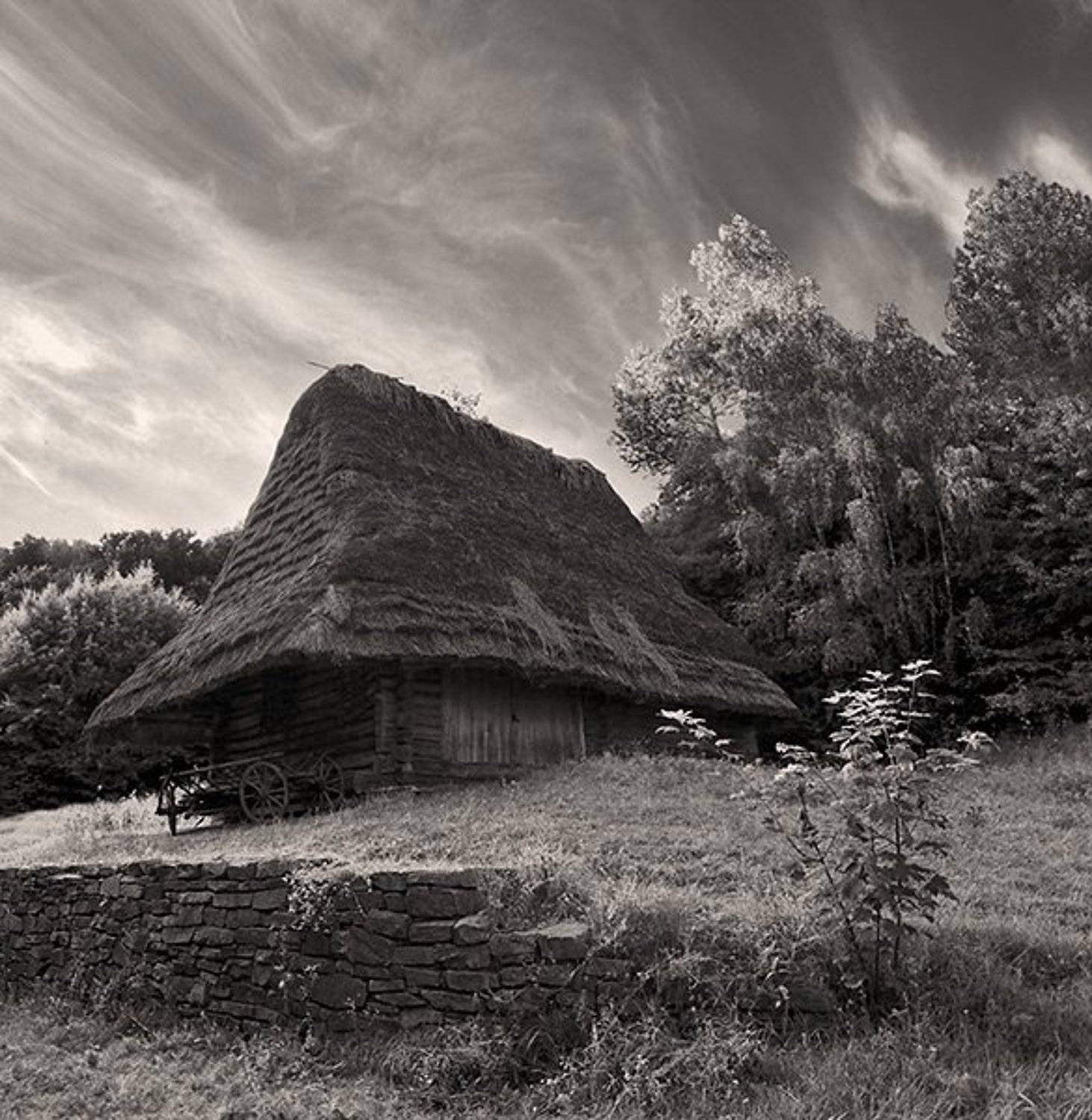 дом, телега, небо, пейзаж, Марк Пономаренко
