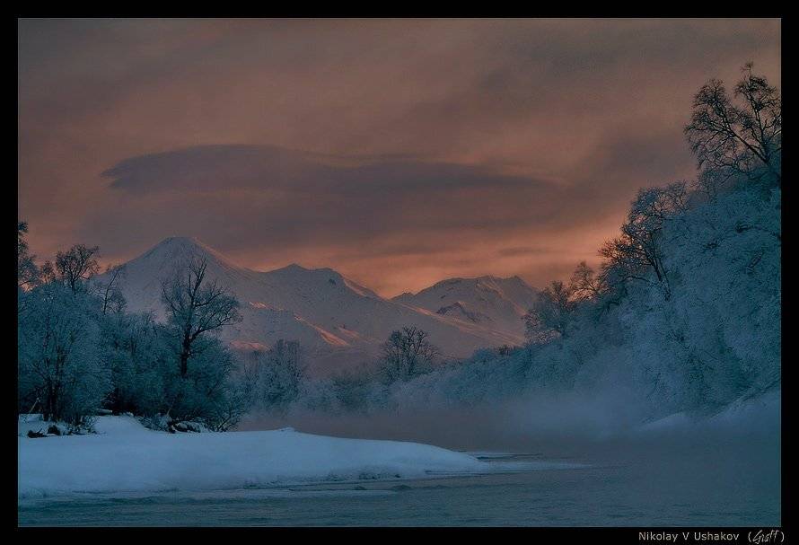 зима, река, вулкан, Николай