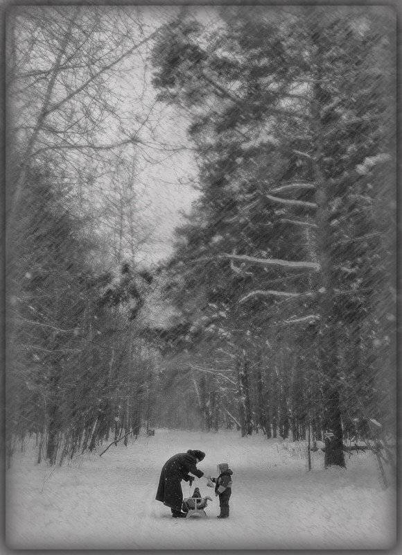 Зима, лес, сосна, бабушка, внук, senjor