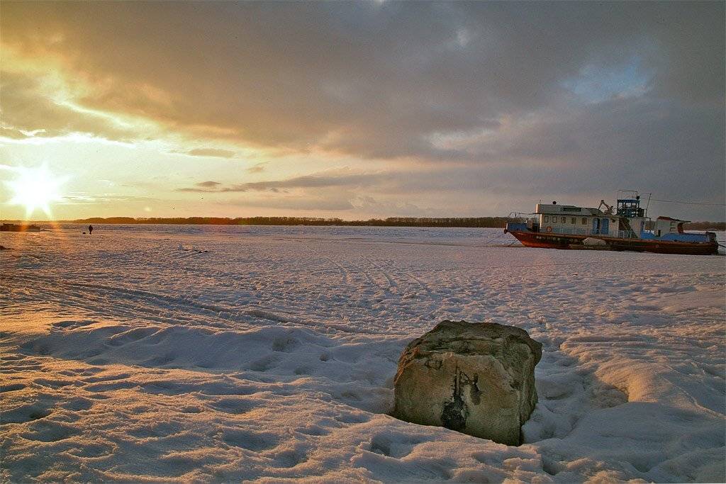 камень, волга, лёд, закат, artboogie