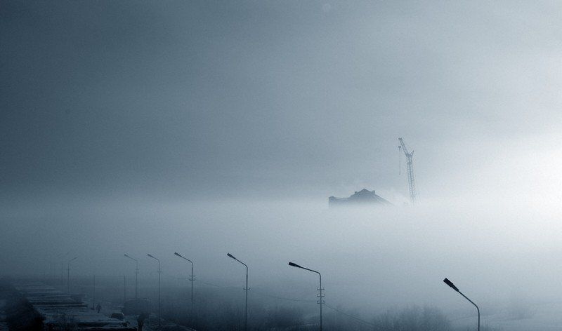 туман, ч/б, город корабль в тумане фото превью